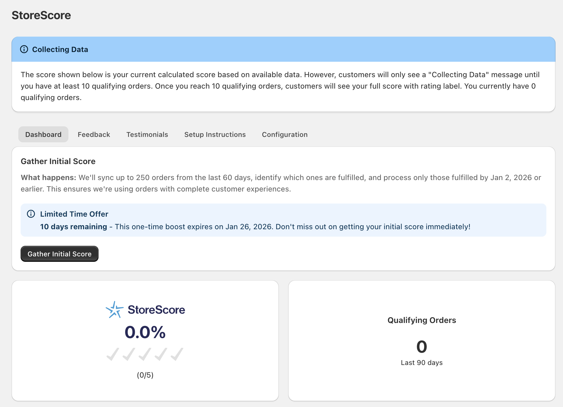 StoreScore dashboard showing the Gather Initial Score panel with limited time offer banner