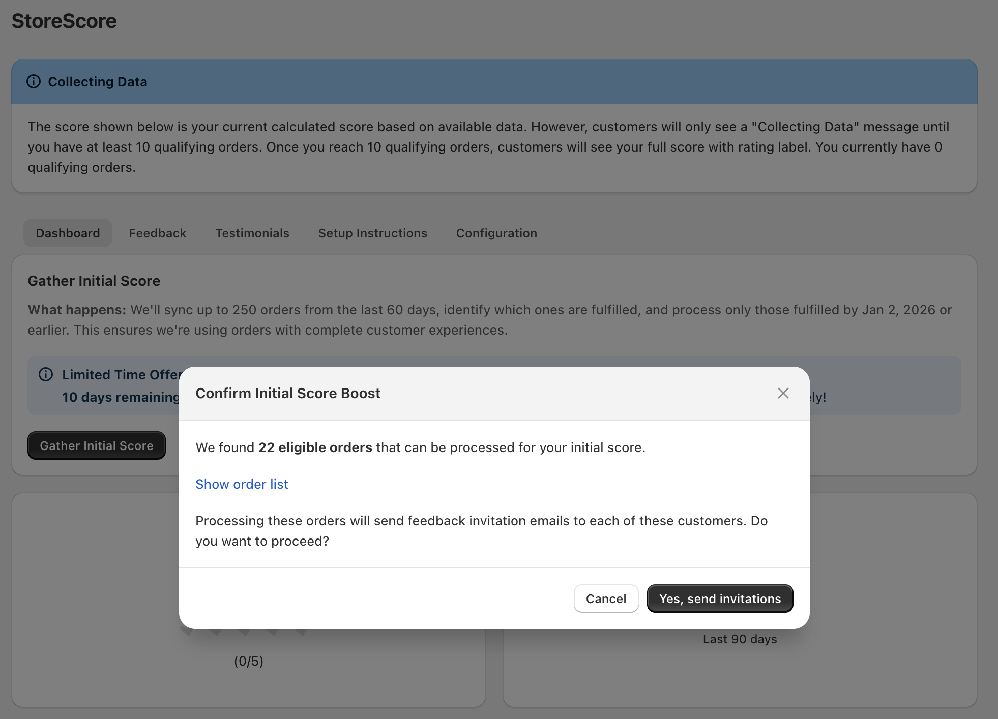 StoreScore dashboard showing the scan process and eligible orders found