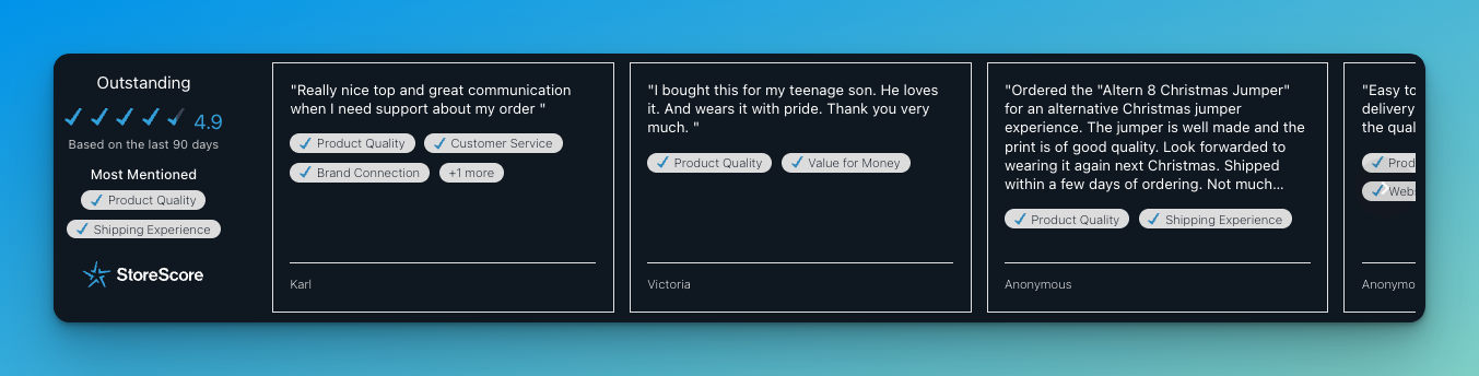 StoreScore widget on a product page showing verified satisfaction rating and customer testimonials