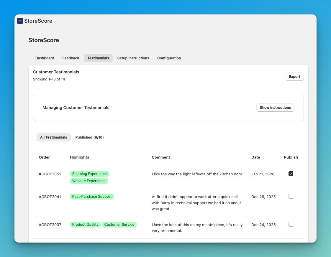 StoreScore testimonials management screen with customer comments, highlights, and publish controls