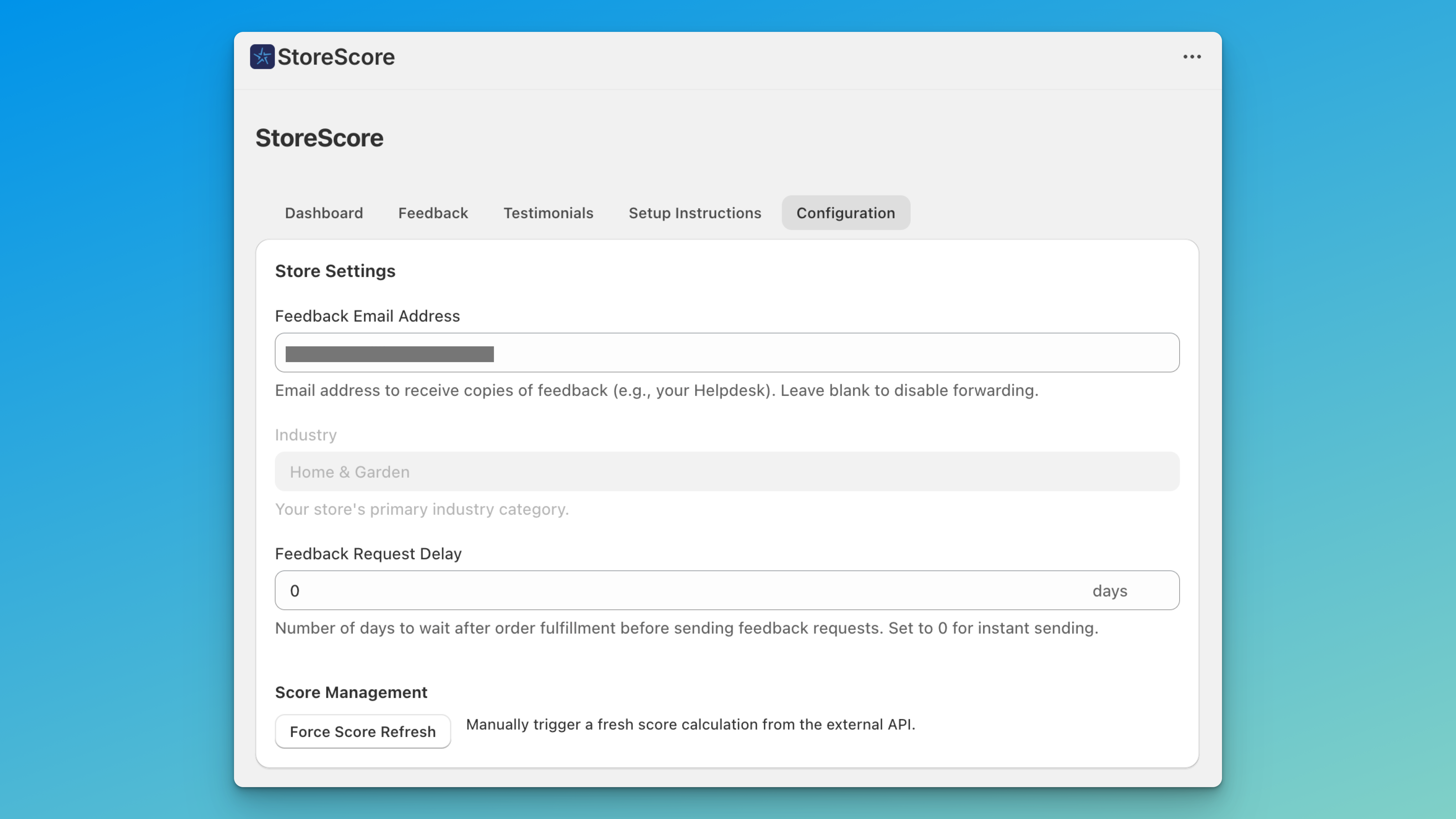StoreScore Shopify Settings Configuration Interface